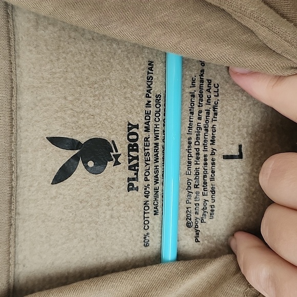 Playboy tan pullover hoodie, box logo, playboy bunny, large. - Picture 5 of 7